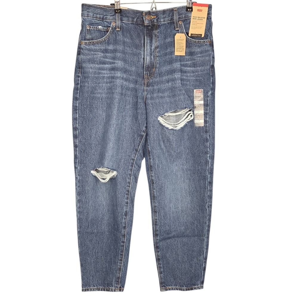 Levis High Waisted Mom Jeans Womens 32x27 Blue Denim Distressed Tapered NEW - Picture 2 of 9